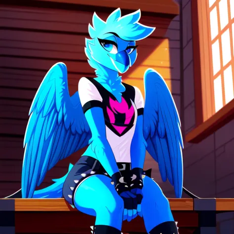 ((absurdres, high resolution)), best quality, 1girl, anthro, tweetfur,  <lora:Tweetfur-v2:0.7>, blue beak, wings, winged arms, detailed eyes, punk attire, detailed face, sitting, smile, Ground Level Shot