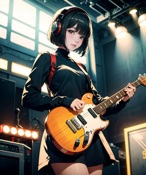 1girl, playing_electron_guitar, full_body, Bob Cut, wearing head phone, stand on stage, masterpiece, best quality, photorealistic, 8k