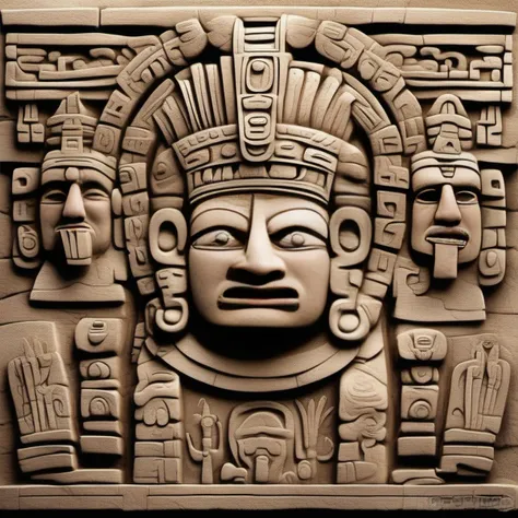 <lora:BAS-RELIEF:1> crisp, detailed, stone, in the bas-relief style, temple, gods, mountains, Inca, Aztec