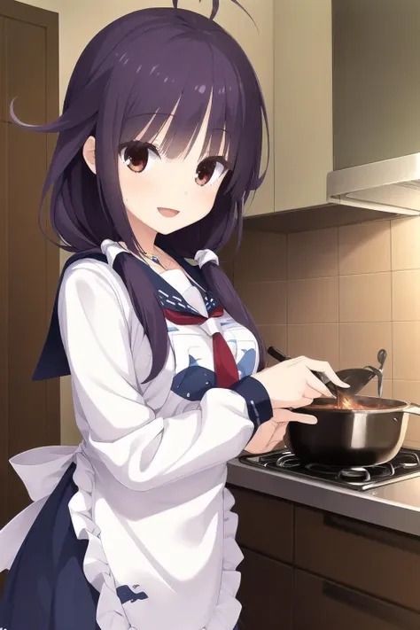 anime girl in a kitchen cooking a meal with a frying pan