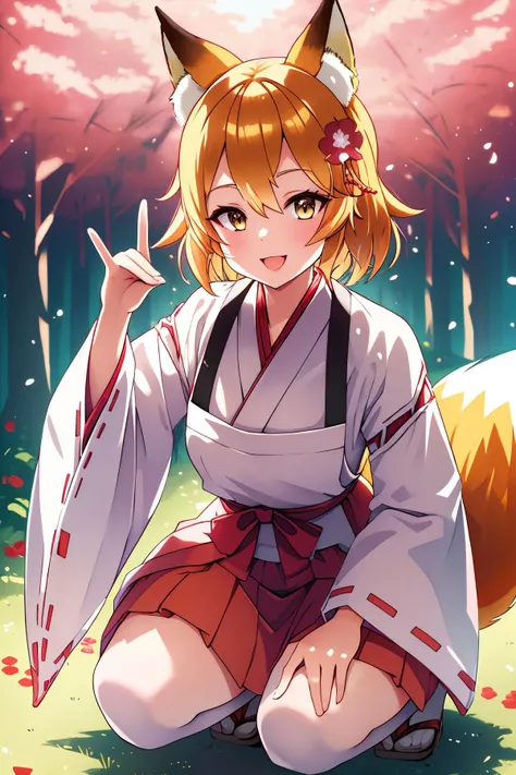 Floral, (best quality), (masterpiece), illustration, high-res, prefect lighting, absurdres, 1girl, solo, EBSenko, squatting, full body, short hair, blonde hair, hair ornament, animal ears, hair between eyes, tail, yellow eyes, flower, animal ear fluff, fox...