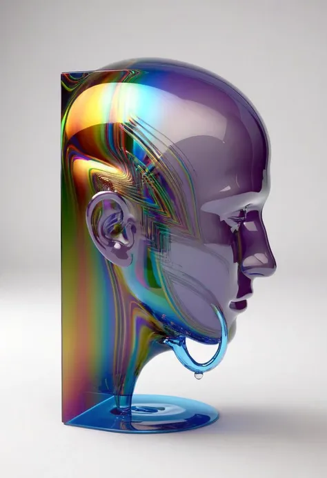 a close up of a glass head with a rainbow colored background