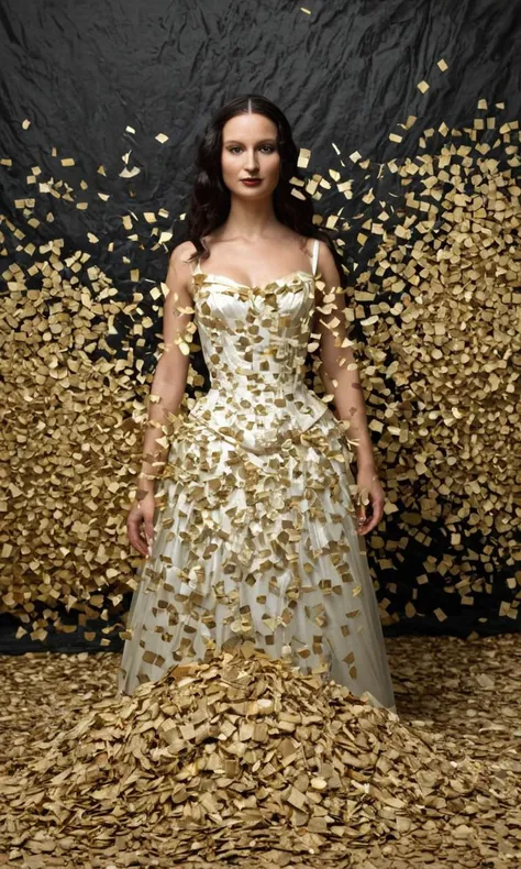 a woman in a white dress surrounded by gold leaves