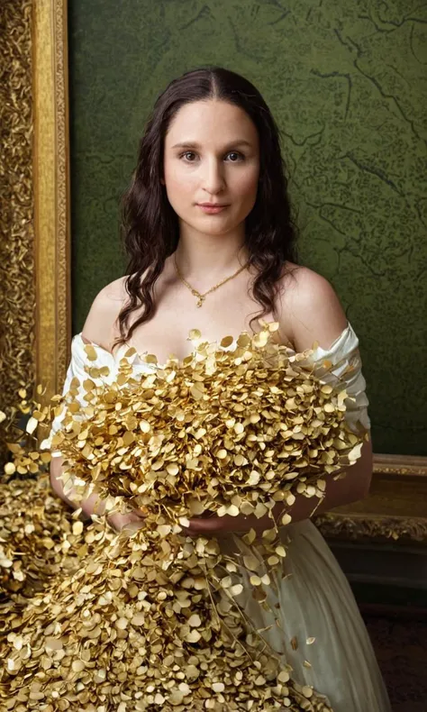 a woman in a white dress holding a bunch of gold leaves