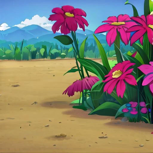 cartoon scene of a field with flowers and mountains in the background