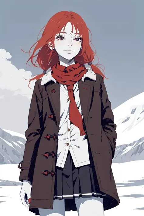 (masterpiece, best quality), anime, 1gir, school uniform, cowboy shot, turn ones face away, looking away, smile, collared shirt and skirt, winter scarf, coat, red hair, outdoors, cxg, <lora:coolgirl:1>, (flat lighting, flat color:0.8), textile shading, (in...