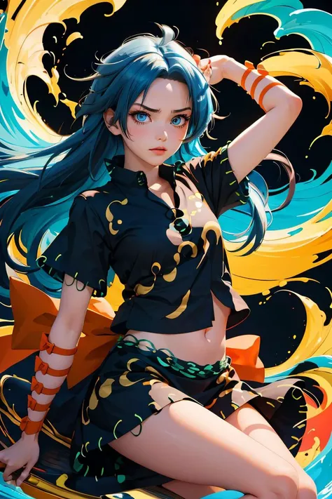 (masterpiece, best quality), 1girl,    <lora:himemushimomoyo:1> 1girl,long hair,blue hair,messy hair,ahoge,blue eyes,jewelry, ring,arm ribbon,orange bow,short sleeves,black shirt,navel,black skirt,leg ribbon,