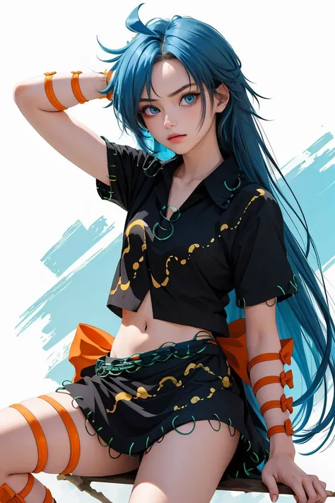 (masterpiece, best quality), 1girl,    <lora:himemushimomoyo:1> 1girl,long hair,blue hair,messy hair,ahoge,blue eyes,jewelry, ring,arm ribbon,orange bow,short sleeves,black shirt,navel,black skirt,leg ribbon,