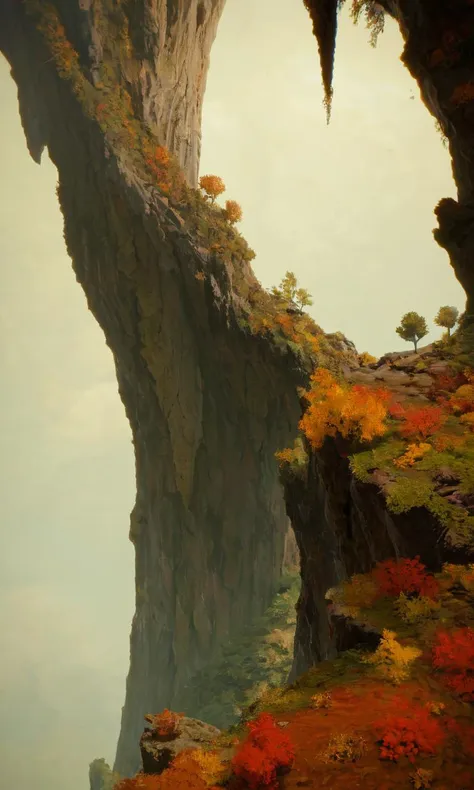 a painting of a cliff with a tree on top of it