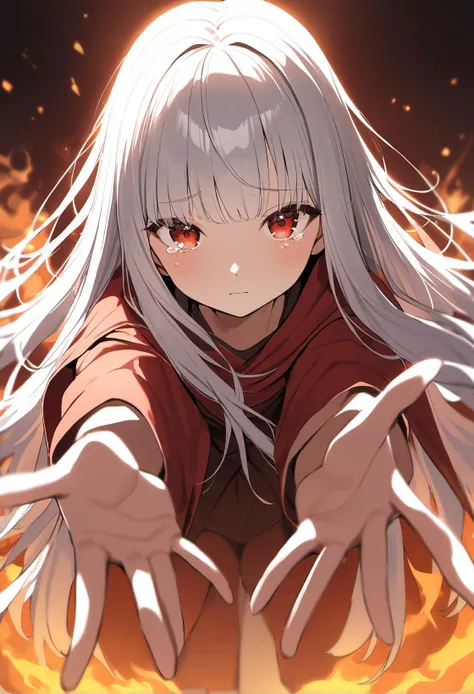 a woman with long white hair and red eyes is surrounded by flames