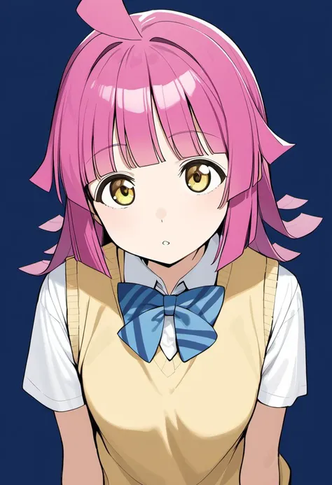 anime girl with pink hair and blue bow tie looking at camera