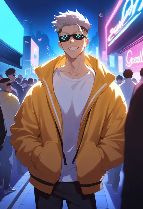 a man in a yellow jacket and sunglasses standing in a crowded street