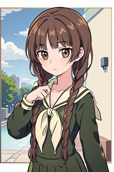 (masterpiece, best quality), 1girl, beautiful face,   <lora:shimazu_yoshino_v1:1> aayoshino, long hair, twin braids, brown eyes, hair over shoulder, school uniform, sailor collar, neckerchief, green shirt, sailor shirt, long sleeves, green skirt, long skir...