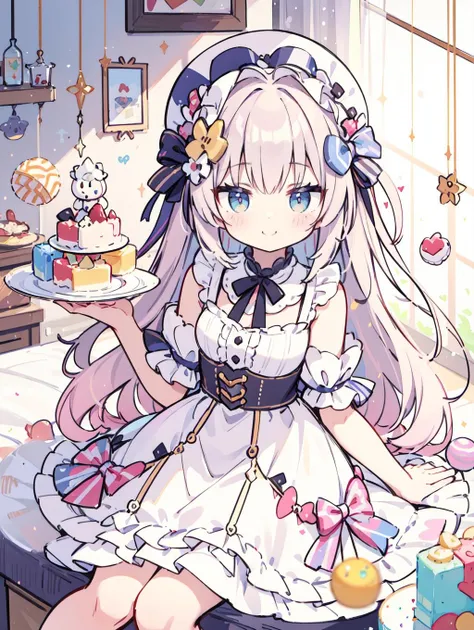 anime girl in a white dress holding a plate of cake