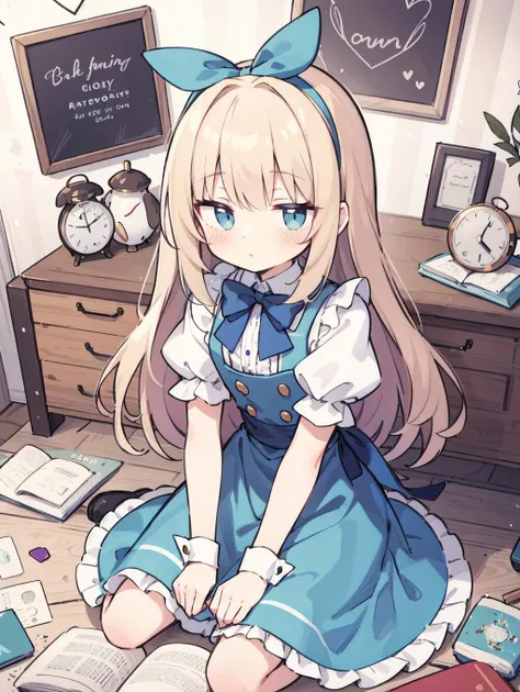 anime girl sitting on the floor with books and a clock