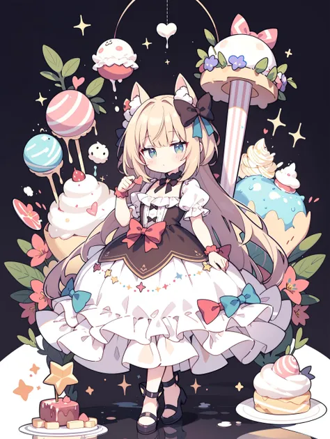 a cartoon image of a girl in a dress with a cake and cupcakes