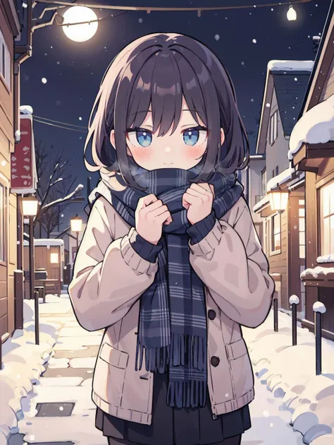 anime girl in winter coat standing in snowy alley with scarf