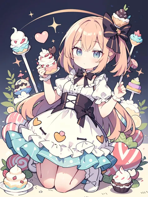 a cartoon girl with a cat and cupcakes in her hand