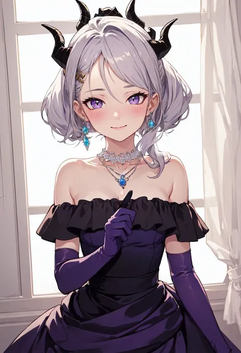 best quality, masterpiece, highres, solo, (hina_bluearchive:1.10), 1girl, black horns, elbow gloves, necklace, official alternate costume, official alternate hairstyle, pendant, purple dress, purple gloves, strapless dress, dangle earrings, looking at view...