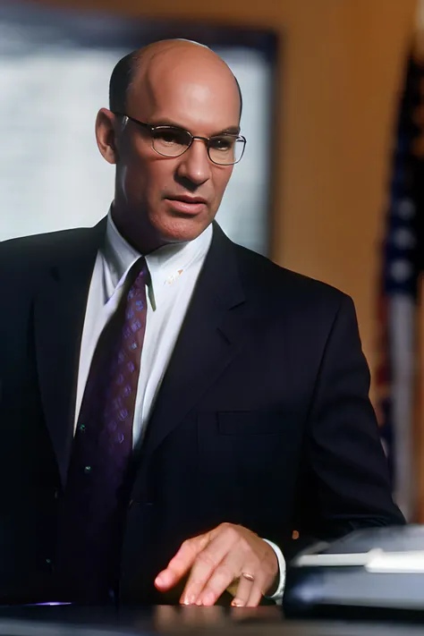 arafed man in a suit and tie standing in front of a desk