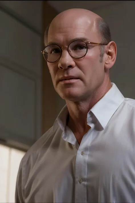 a close up of a man wearing glasses and a white shirt