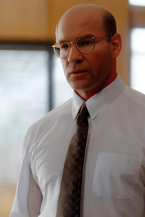 there is a man wearing a tie and glasses standing in a room