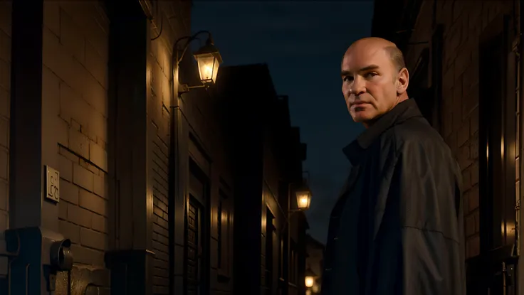 arafed man in a black coat standing in a dark alleyway