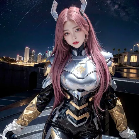 masterpiece, best quality, 4k, 1girl:prefect face, <lora:mecha_offset:1>,  <lora:asianGirlsFace_v1:0.2>, <lora:koreanDollLikeness_v15:0.5>, single mechanical arm, headgear, mechanical halo,star halo,intricate mechanical body armor, mecha corset, full armor...