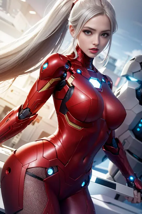 absurdres, best quality, 1girl, solo, eye focus, looking at viewer,   <lora:samus-nvwls-v1:0.9>, samus aran, ponytail, hair tie, red gloves, red bodysuit, futuristic knight, (silver, long hair), mecha girl, mechanical parts, on the sky, Expressive Hues, Vi...