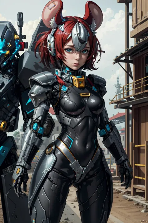 (masterpiece, best quality),  intricate details, 
1girl,  solo, <lora:hakosbaelz2:0.8> hakosblk, hakosrnd, 
  <lora:mecha_offset:0.8> mecha musume,  bodysuit, fortified suit, mechanical parts, robot joints, headgear, full armor,