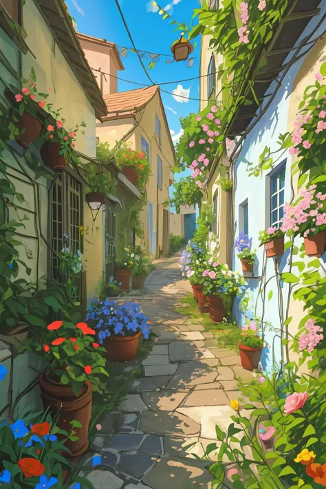 a painting of a narrow alley with potted plants and flowers