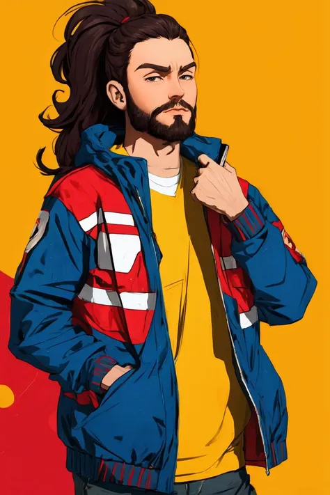 a man with long hair and a beard wearing a jacket