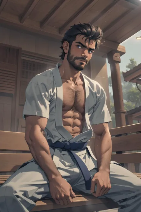 Masterpiece, highres, (1boy, slim, 19yo, indian male), scruffy hair, stubble, karate gi, sitting on bench, hairy chest, curious face, relief, looking at viewer, sweaty, dojo arena, volumetric lighting, front view, closeup