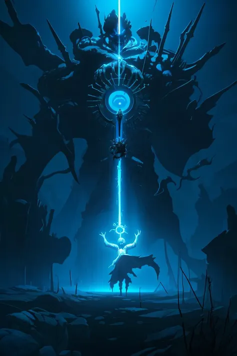 a man standing in front of a giant blue light surrounded by monsters