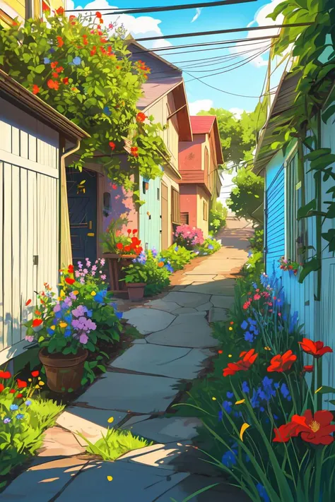 a painting of a narrow alley with flowers and a blue house