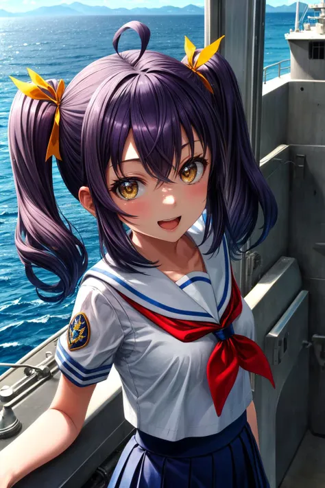 anime girl in sailor outfit standing on a boat looking out at the water