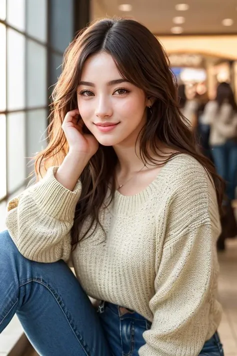 Nancy Momoland Jewel V2 ((Wearing a sweater and distressed jeans)), ((Professional Photo Shoot)), ((At a crowded mall)), ((smiling)), ((Real skin with Pores:1.2)), model shoot style, extremely intricate, High Detail, Sharp focus, dramatic, soft cinematic l...