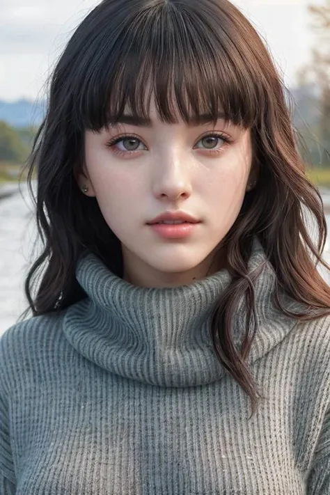 Nancy Momoland Jewel ((Wearing turtleneck sweater and distressed jeans)), ((in the country next to a river)), ((sitting on a bench next to a river)), extremely intricate, High Detail, Sharp focus, dramatic, soft cinematic light, (looking at viewer), (Real ...