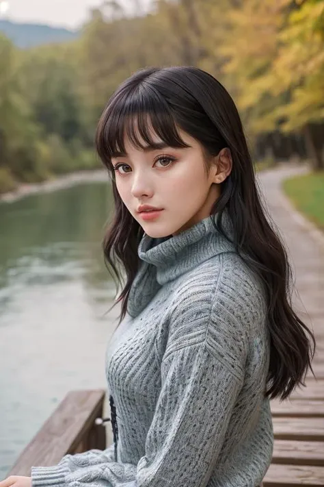 Nancy Momoland Jewel ((Wearing a long sleeve turtleneck & jeans)), ((Professional Photo Shoot)), ((out in the country next to a river)), ((sitting on a bench next to a river)), model shoot style, extremely intricate, High Detail, Sharp focus, dramatic, sof...