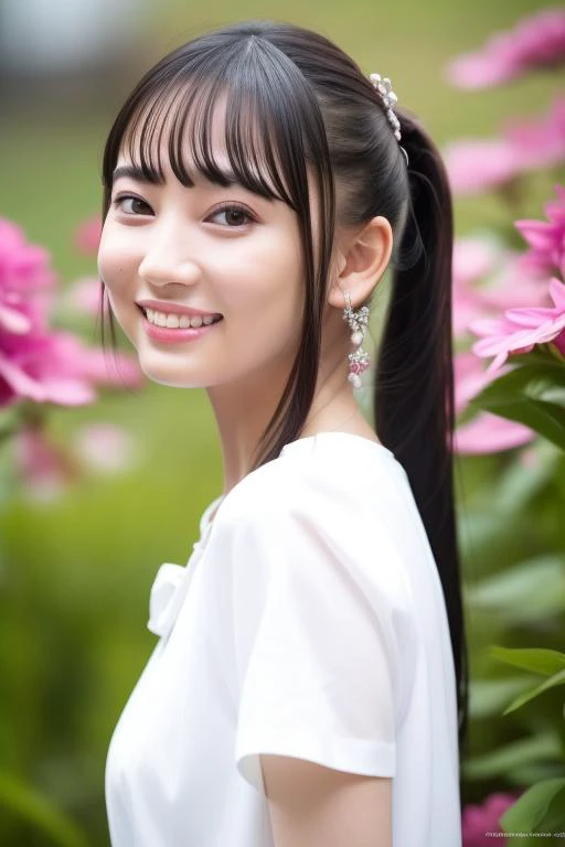 a woman with long hair and a white shirt is smiling