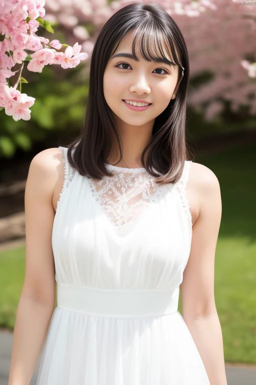 a woman in a white dress standing in front of a tree