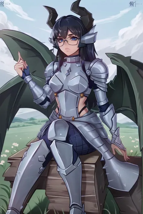 ((best quality)), ((highly detailed)), masterpiece, (detailed eyes, deep eyes), (1girl), (glasses), sitting on a throne, <lora:aiomonstergirls_loraLocon:.7>, dragon girl, scales, dragon horns, dragon tail, dragon wings, armored boots, (at a meadow), <lora:...