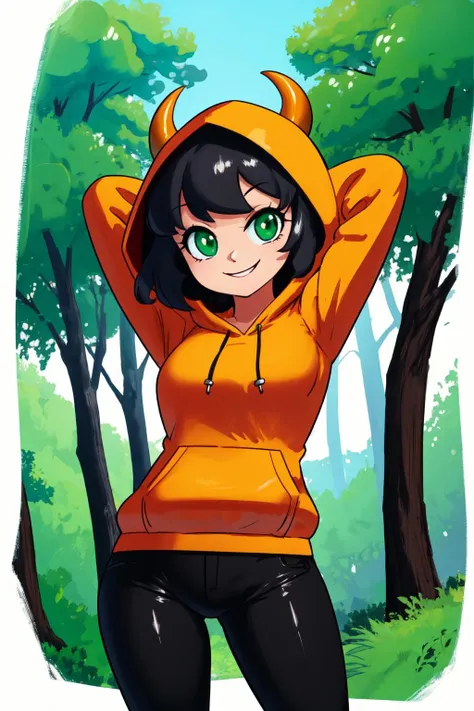 short hair, black hair, green eyes, hoodie, horns, hood, black pants, smile, contrapposto, arms behind head, forest background, <lyco:Minus8Style-step00003000:1.3>