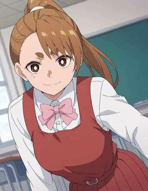 anime girl in a school uniform with a pink bow tie