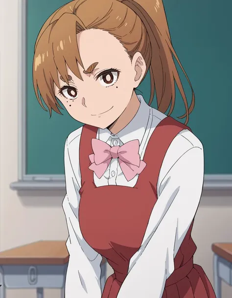 anime girl in a school uniform standing in front of a chalkboard