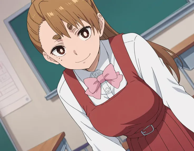 anime girl in a school uniform standing in front of a chalkboard