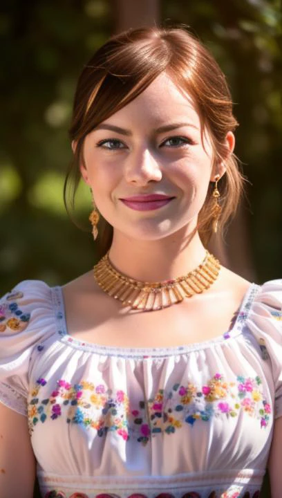 1girl,  best quality, (masterpiece:1.2), ultra-detailed, (high detailed skin:1.2), 8k uhd, dslr, soft lighting, high quality, (photo of sks woman:1.3), emma stone, blush, looking at viewer, wearing otavalenian clothes, otavalenian clothes, otavalenian dres...