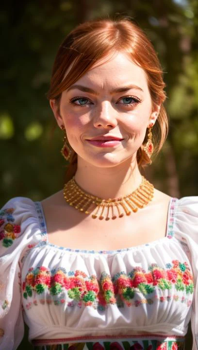 1girl,  best quality, (masterpiece:1.2), ultra-detailed, (high detailed skin:1.2), 8k uhd, dslr, soft lighting, high quality, (photo of sks woman:1.3), emma stone, red hair, light green eyes,  blush, looking at viewer, wearing otavalenian clothes, otavalen...