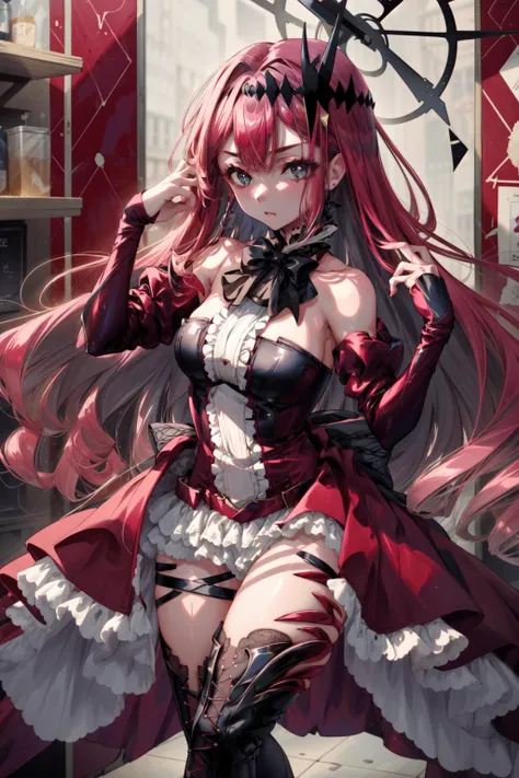 masterpiece,best quality,1girl,1stasc,headpiece,center frills,black bow,bare shoulders,jewelry,detached sleeves,long sleeves,puffy sleeves,cross-laced dress,strapless,thigh boots,<lora:FaeTristanV5:0.8>,