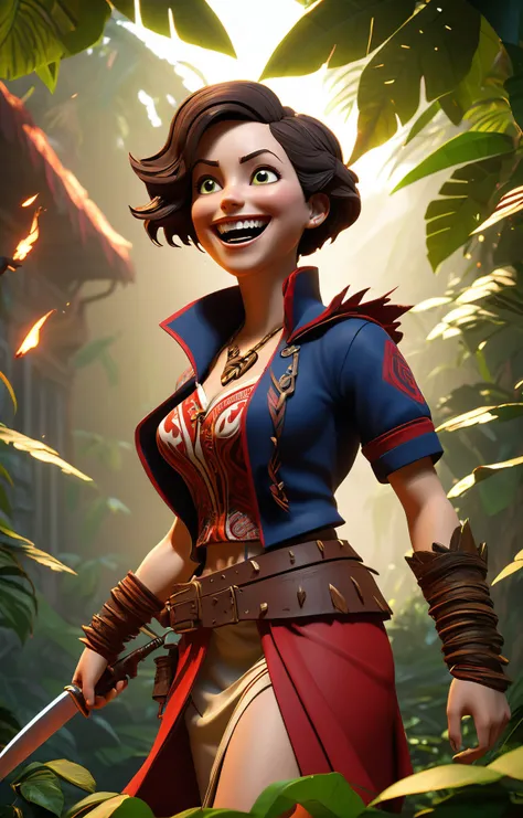 cinema 4d render, high contrast, vibrant and saturated, sico style, dark and moody head and shoulders shot of a statuesque Belgian woman with a big smile,  (bioshock infinite theme:1.1),  feral jungle fighter,  fierce, intense gaze,  dynamic pose, red torn...